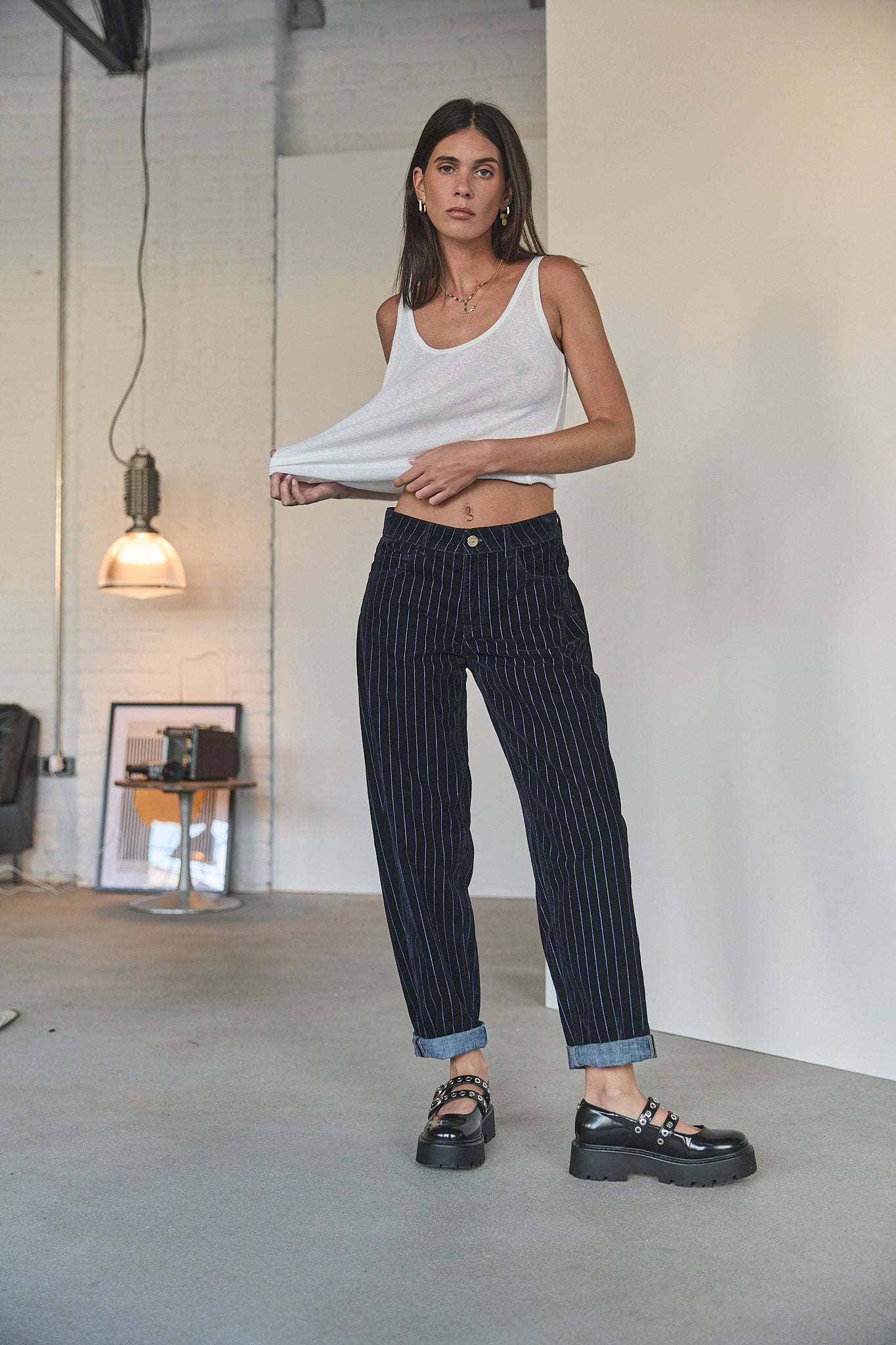 Jeans boyfriend floqué Femme Vera pin stripe blue | Freeman T. Porter