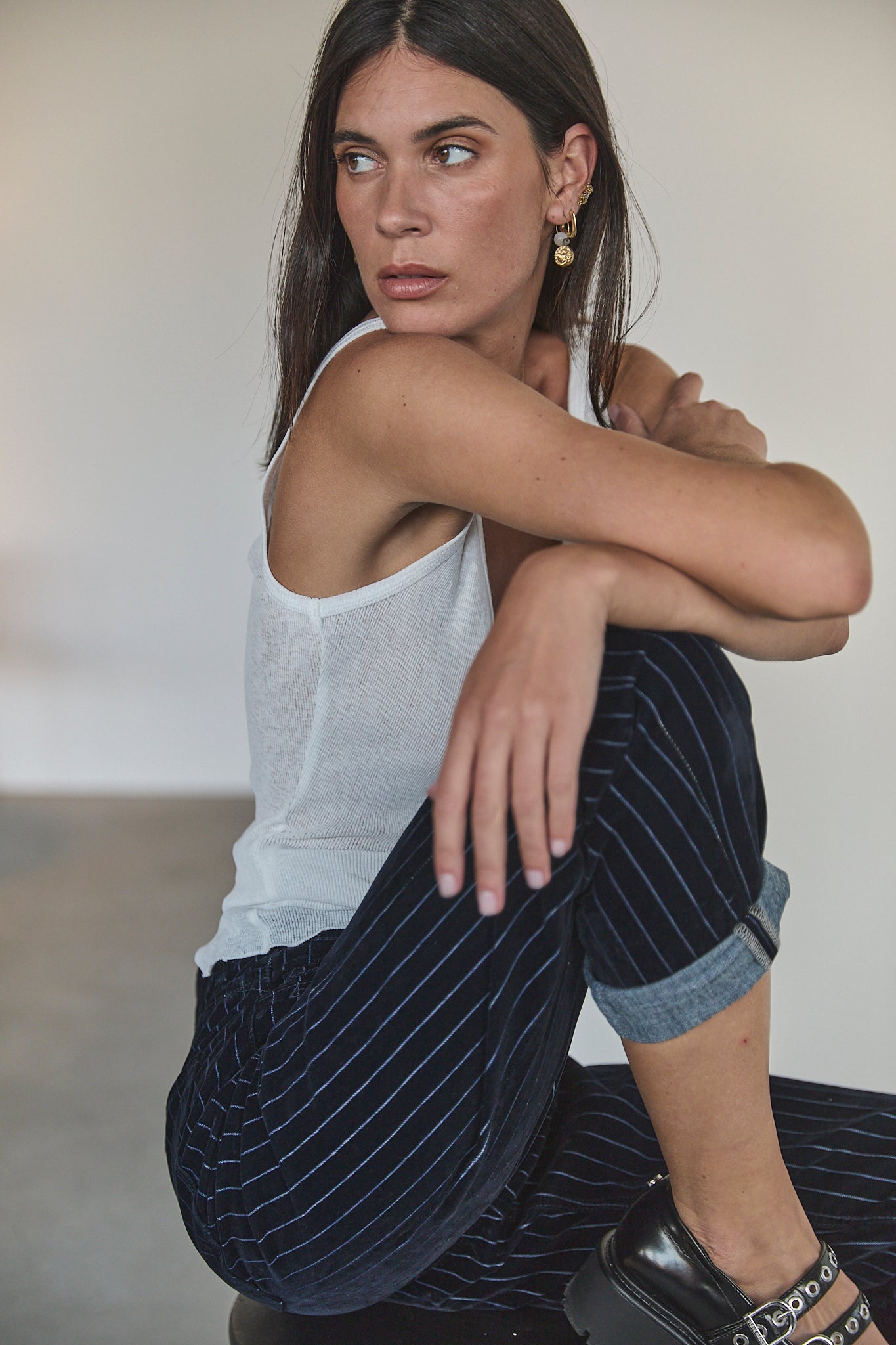 Jeans boyfriend floqué Femme Vera pin stripe blue | Freeman T. Porter